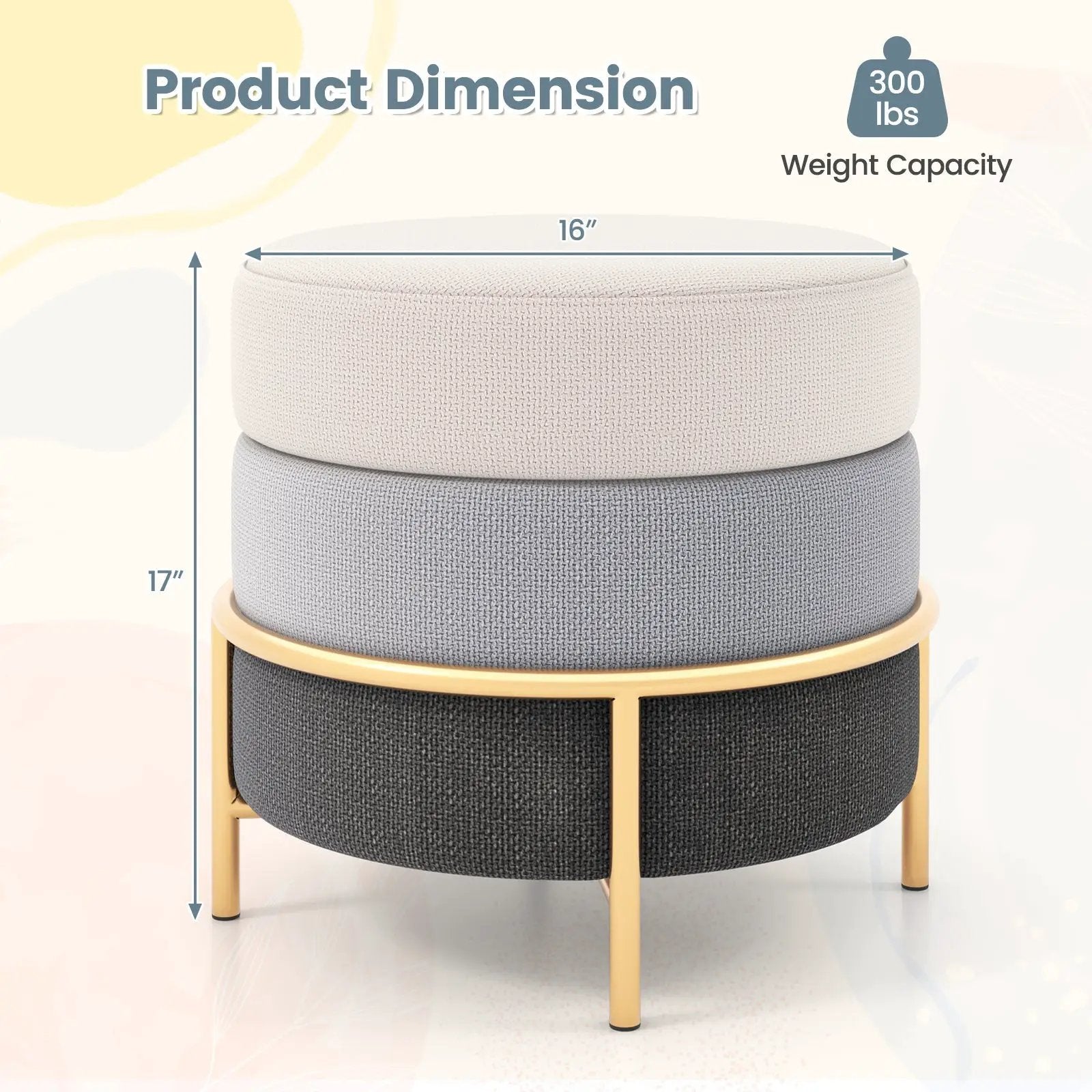 Upholstered Linen Fabric Ottoman with Gold Metal Legs and Anti-slip Foot Pads-Gray by DirectDeals