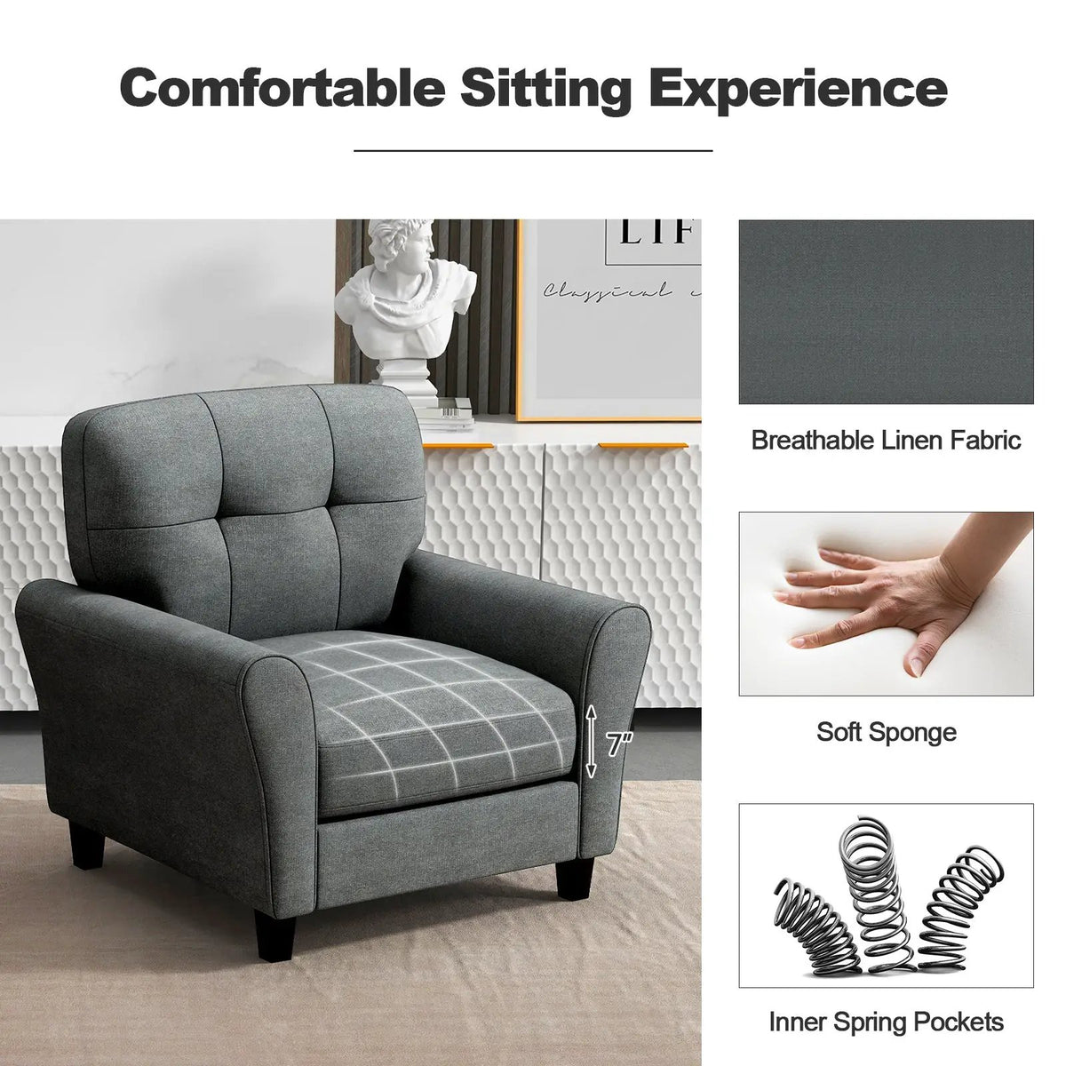 Modern Upholstered Accent Chair with Rubber Wood Legs, photo 6 of 9