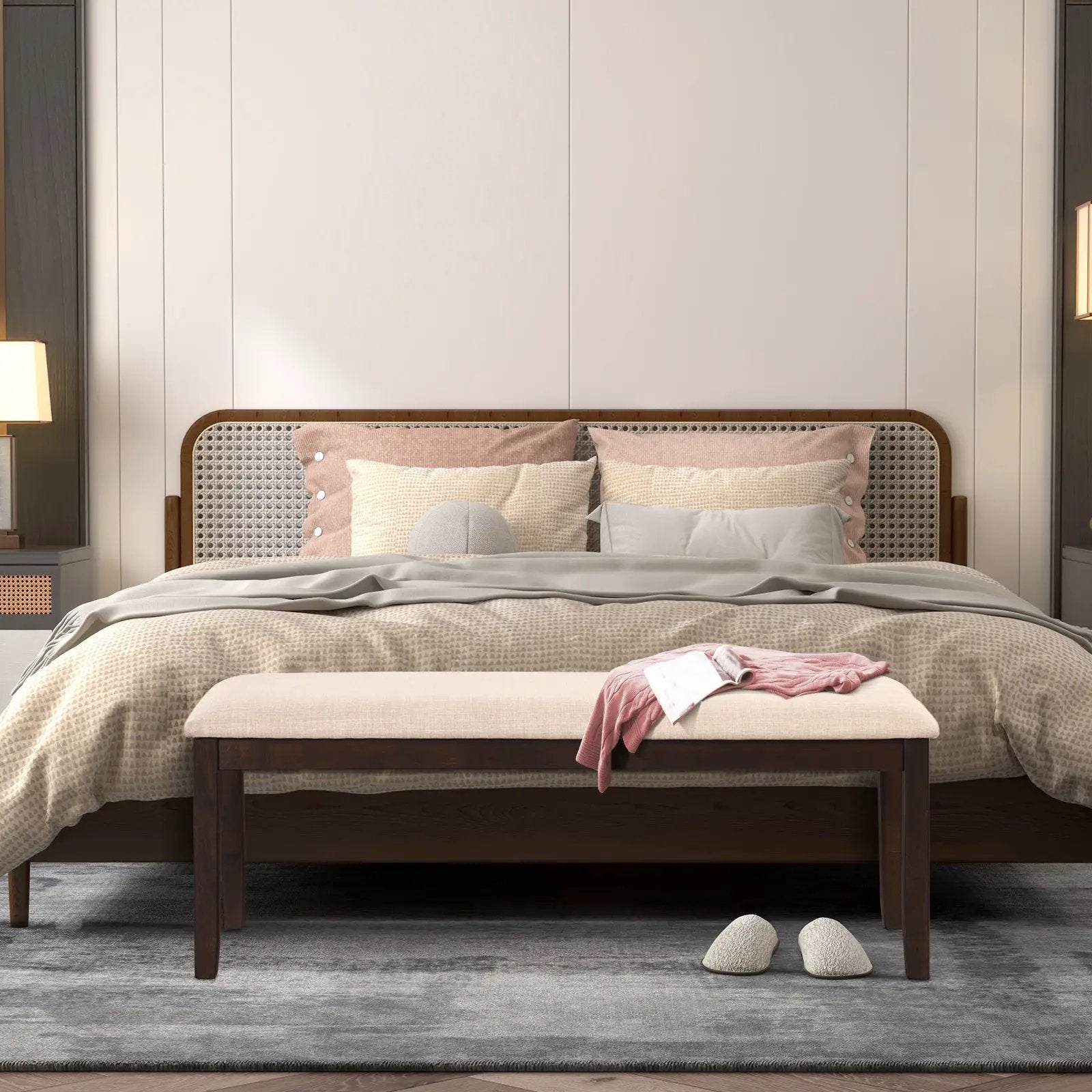 Upholstered Ottoman Bench with Padded Cushion-Beige by DirectDeals