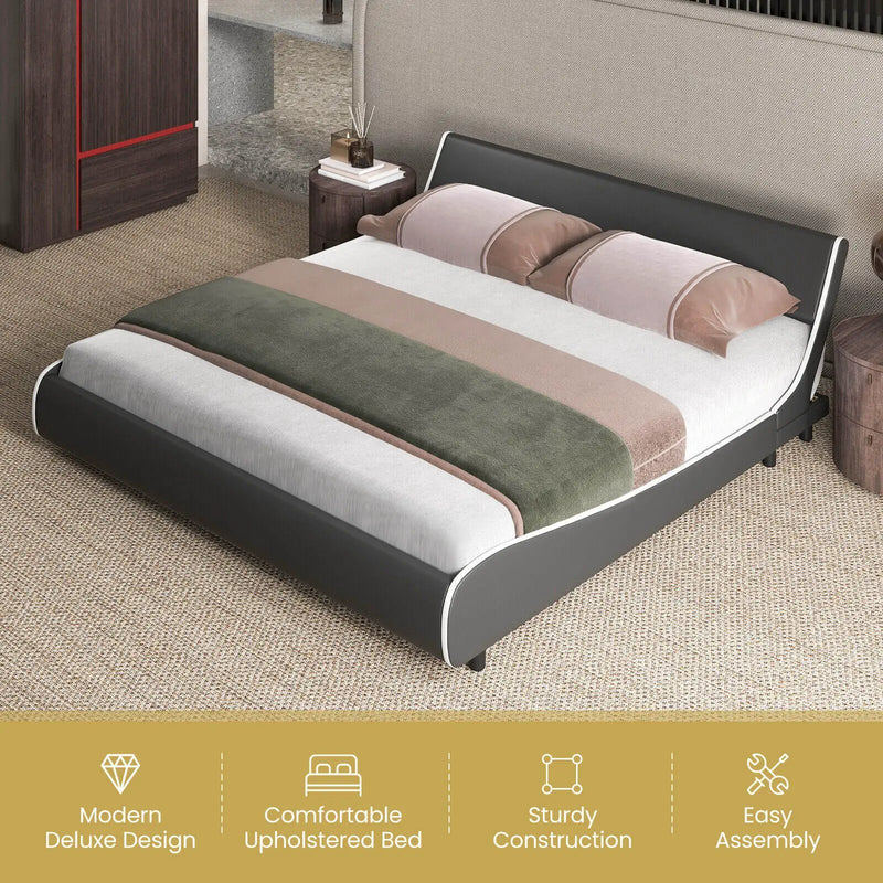 Upholstered Platform Bed Frame Low Profile Faux Leather with Curved Headboard by DirectDeals