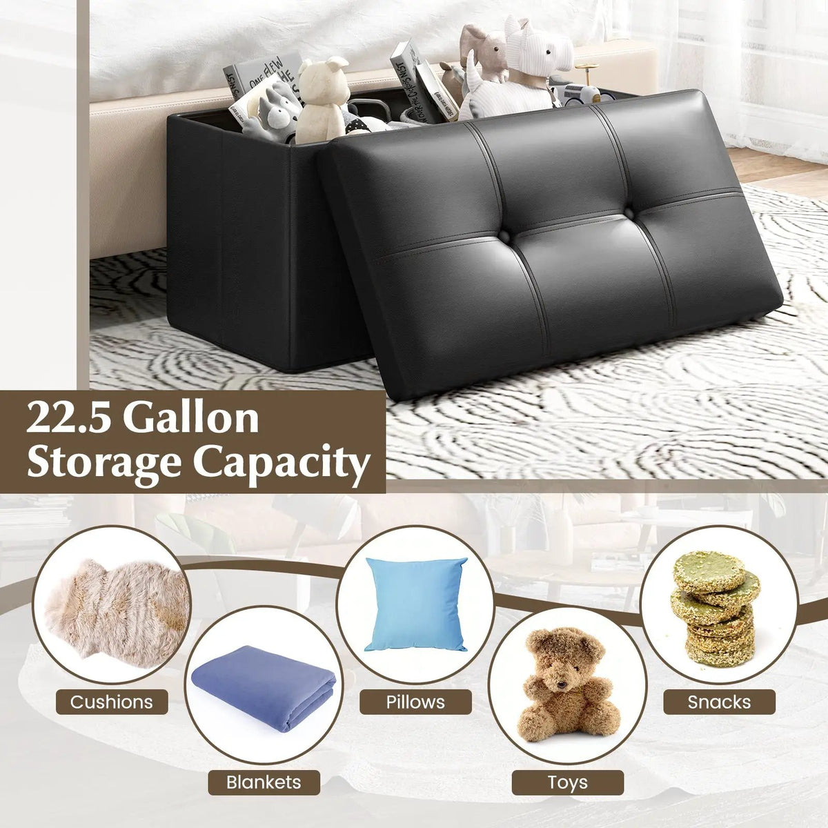 Upholstered Rectangle Footstool with PVC Leather Surface and Storage Function, photo 21 of 24