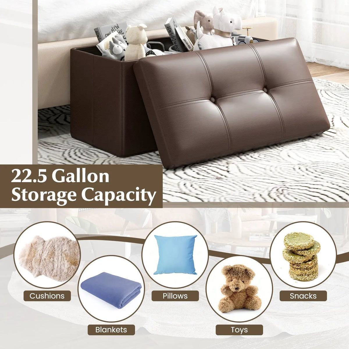 Upholstered Rectangle Footstool with PVC Leather Surface and Storage Function, photo 20 of 24