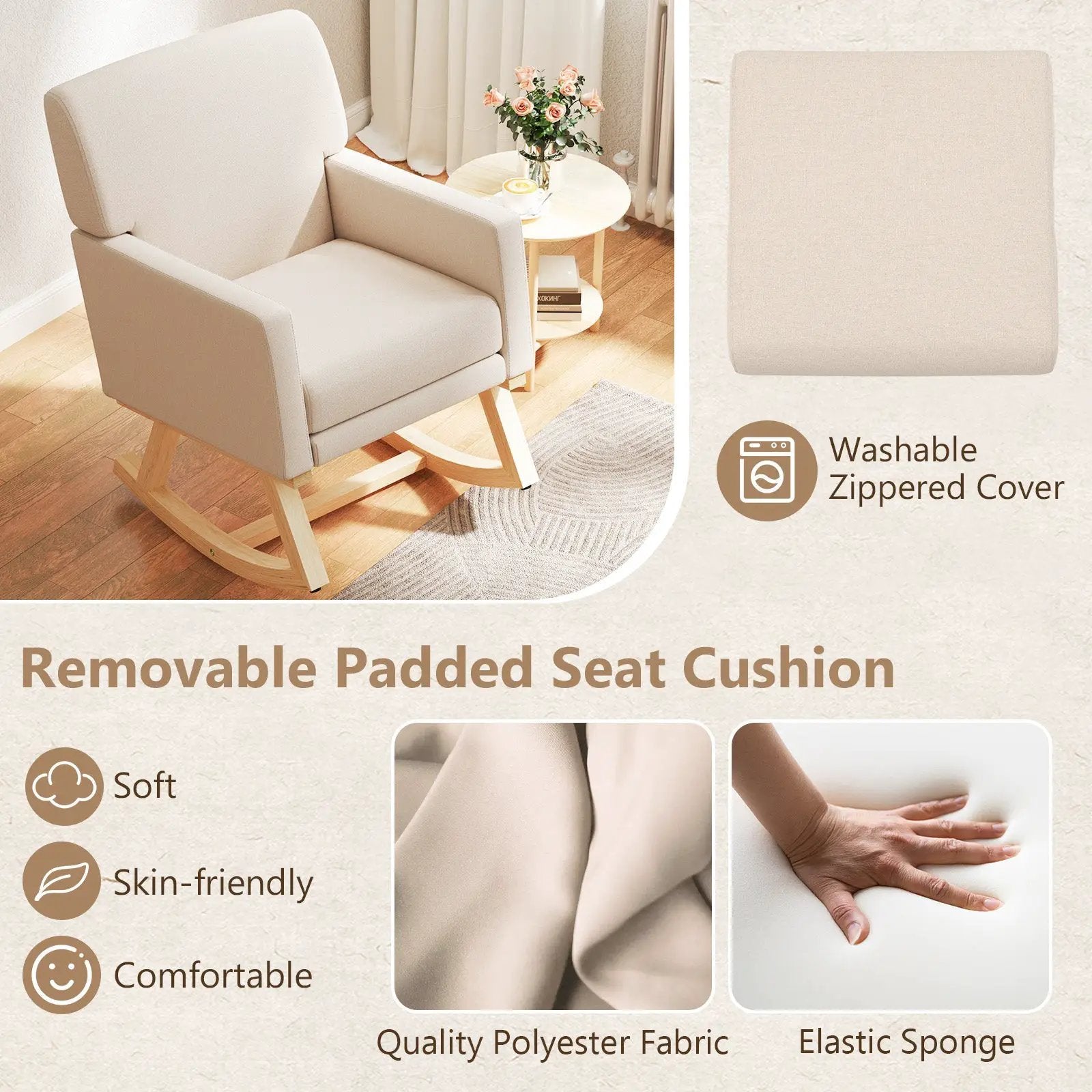 Upholstered Rocking Chair with and Solid Wood Base by DirectDeals