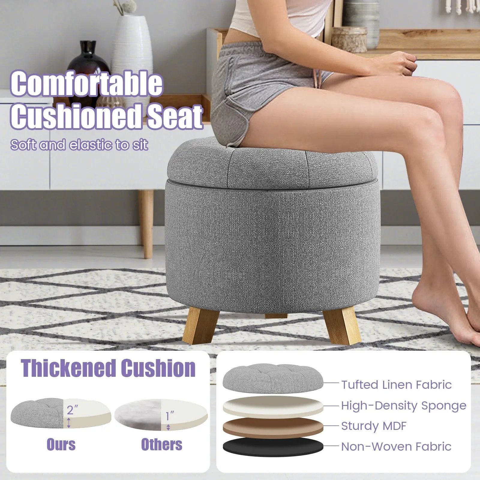 Upholstered Round Ottoman with Solid Rubber Feet-Gray by DirectDeals