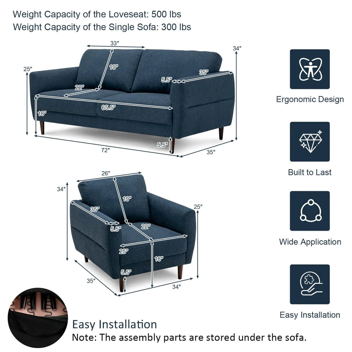 2 Pieces Upholstered Sofa Set with Removable Cushion Covers, dimensions drawing 2