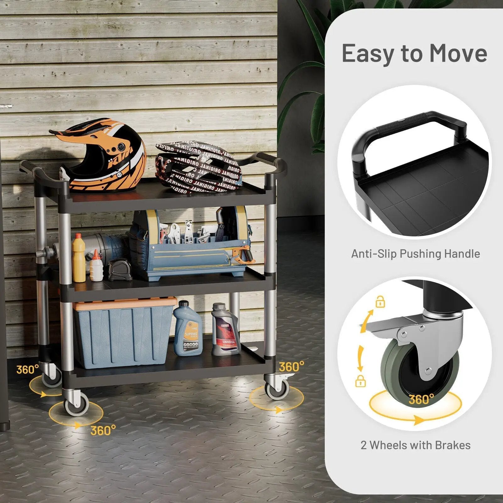 3-Tier Utility Service Cart with Lockable Wheels and Double Handles by DirectDeals