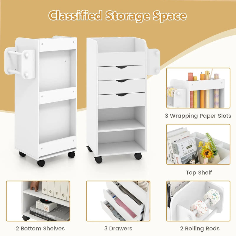 Utility Trolley with Open Shelves and 3 Drawers-White by DirectDeals