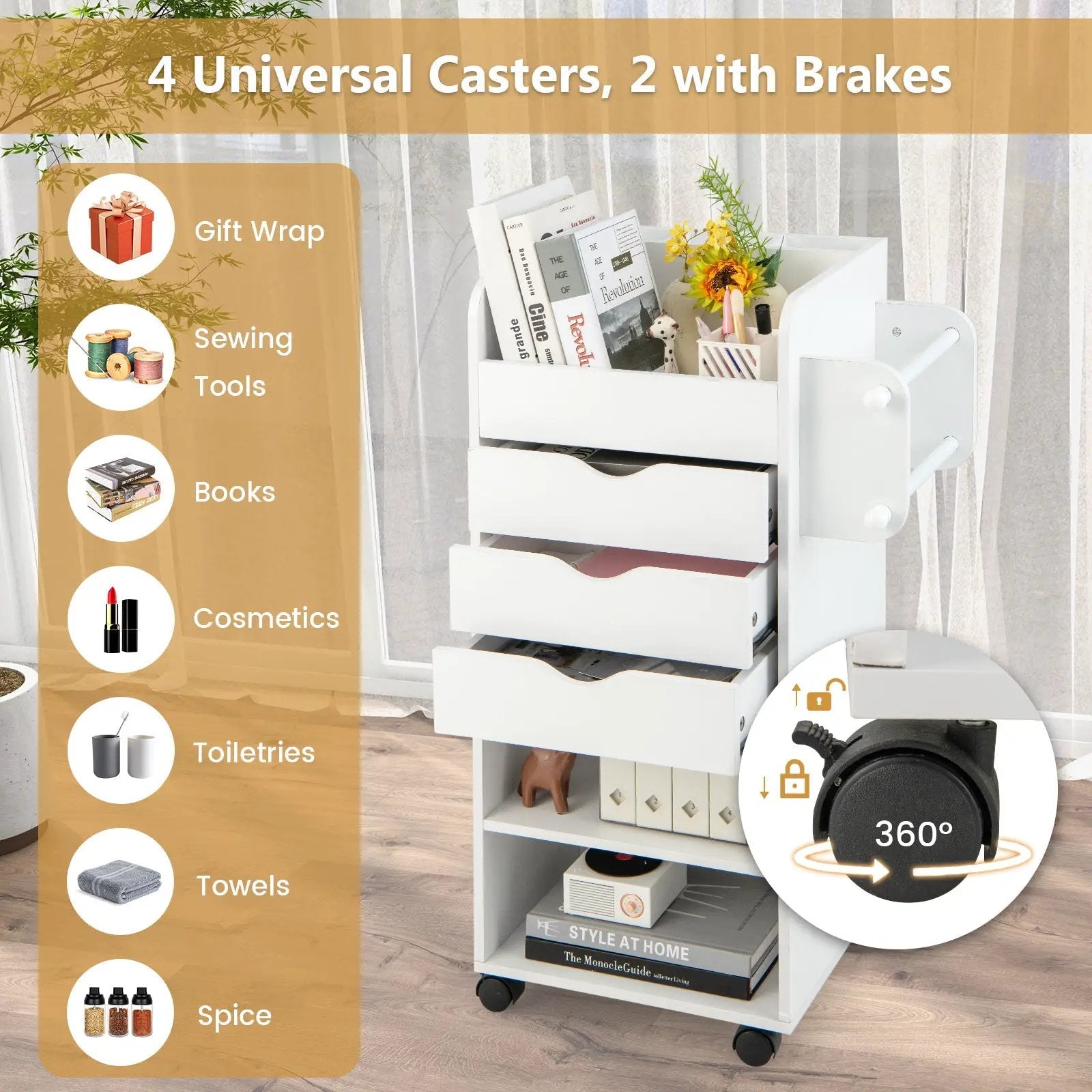 Utility Trolley with Open Shelves and 3 Drawers-White by DirectDeals