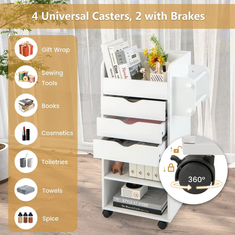 Utility Trolley with Open Shelves and 3 Drawers-White by DirectDeals