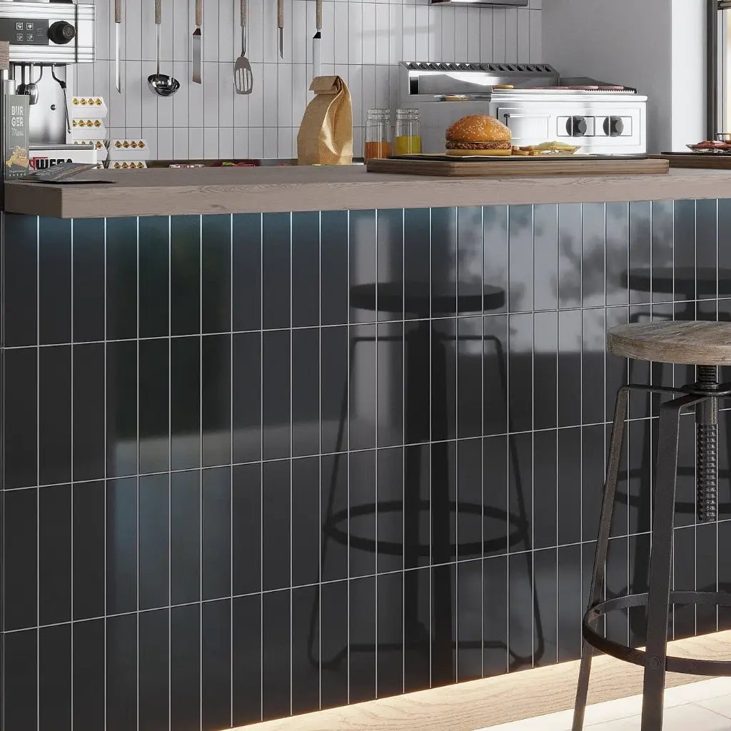 Black 2x8 Glossy Ceramic Subway Tile (60 pack, 6.48 sq ft/case) by Apollo Tile