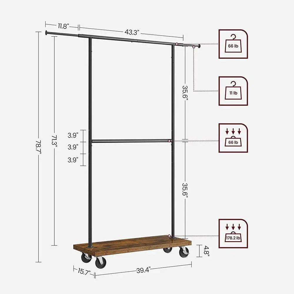 Industrial Style Clothing Garment Rack Double Clothes Hanging Bar on Wheels by HomePacific