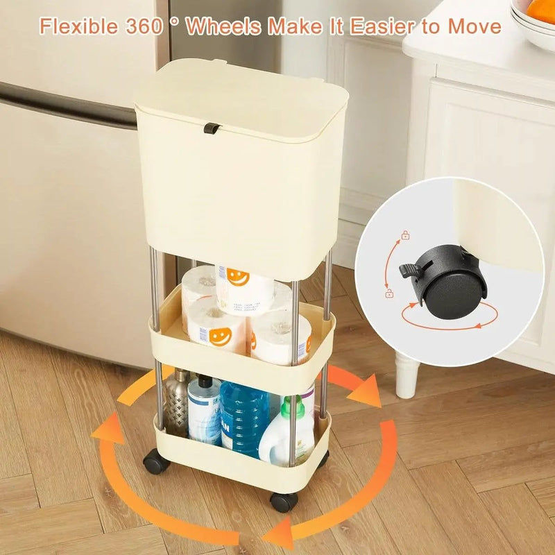 5 Gallon Mobile Elevated Kitchen Trash Can with Lid in Cream with Wheels by HomePacific