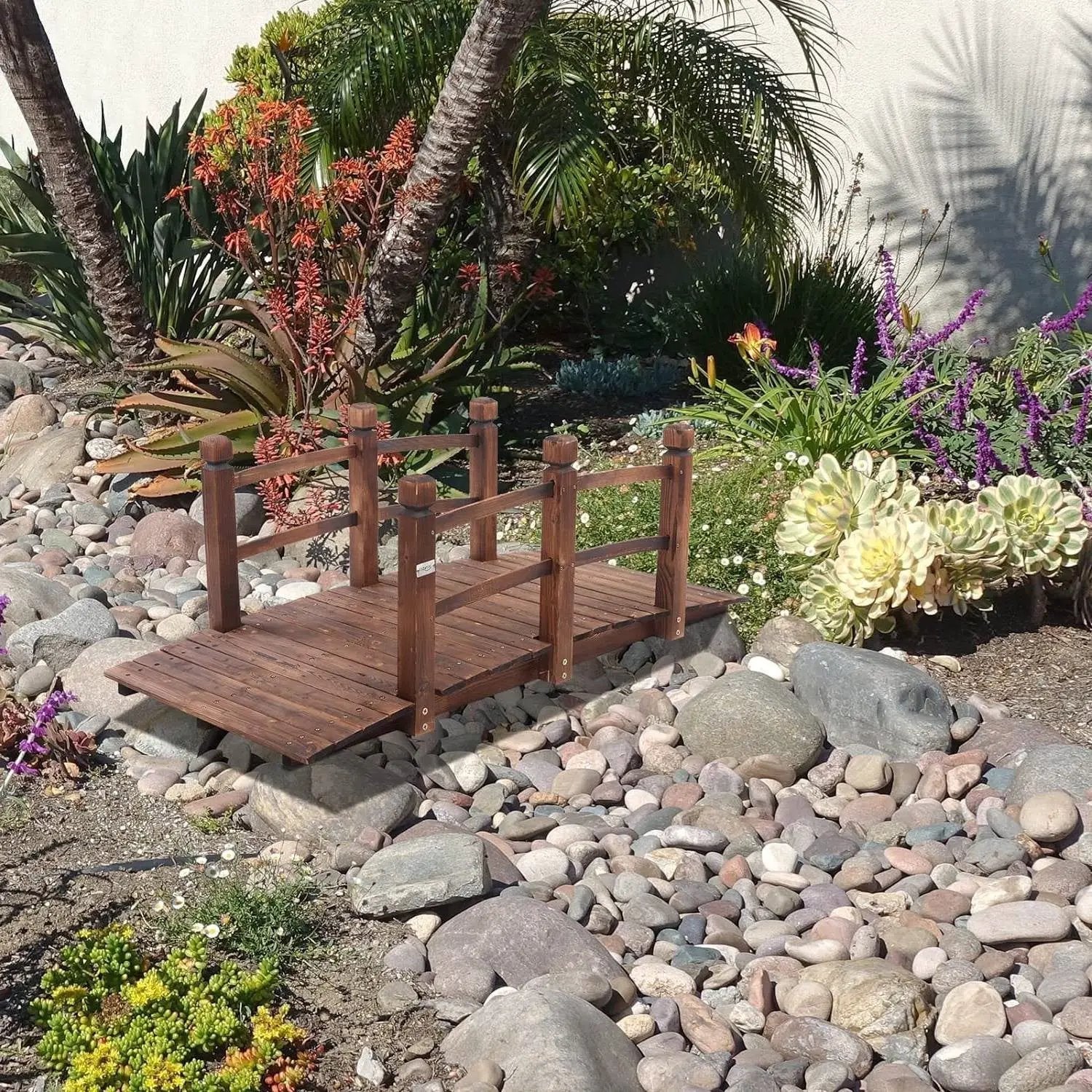 Outdoor 5-foot Solid Fir Wood Garden Bridge in Rustic Brown Finish by HomePacific