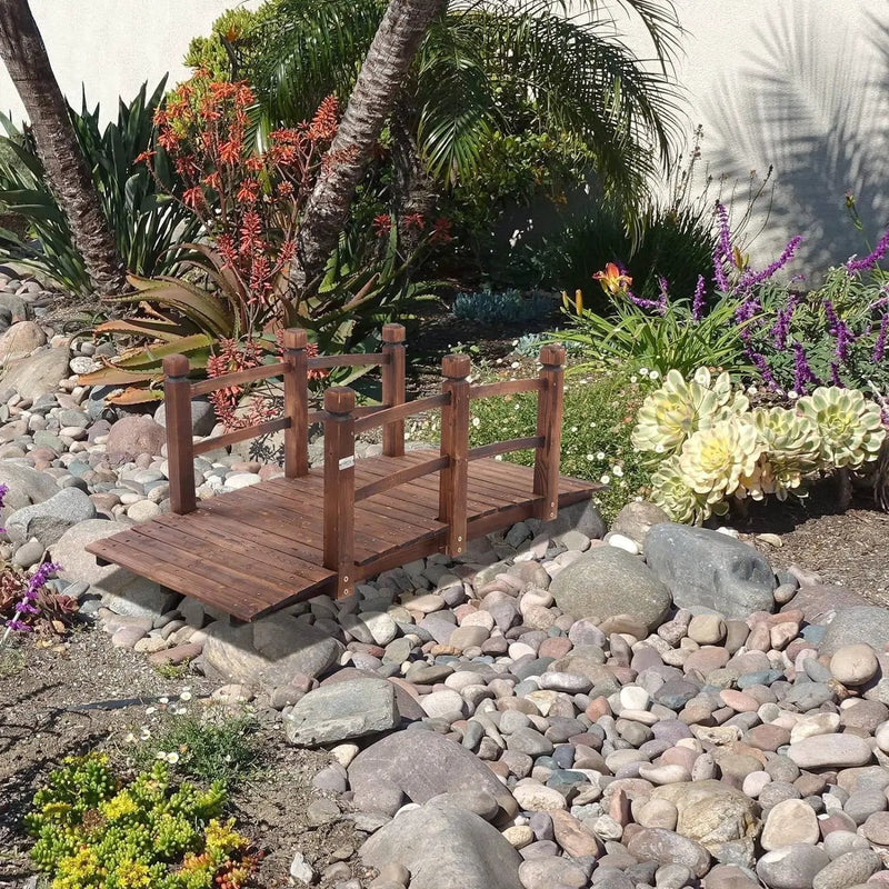 Outdoor 5-foot Solid Fir Wood Garden Bridge in Rustic Brown Finish by HomePacific
