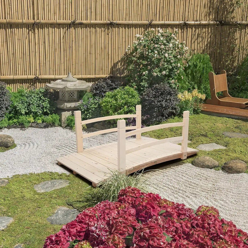 Outdoor 4-ft Wooden Garden Bridge with Rails in Natural Wood Finish by HomePacific