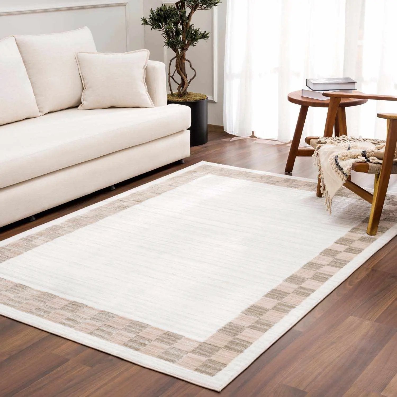 Azrika Beige Checkered Washable Rug - Clearance by Boutique Rugs