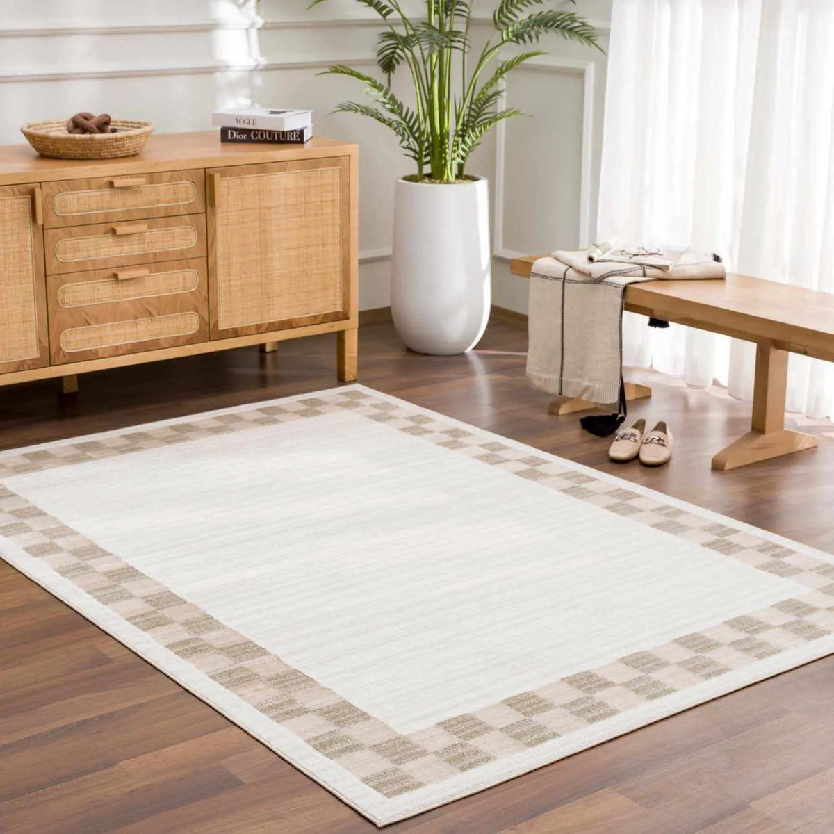 Azrika Beige Checkered Washable Rug - Clearance, installed in a room 2