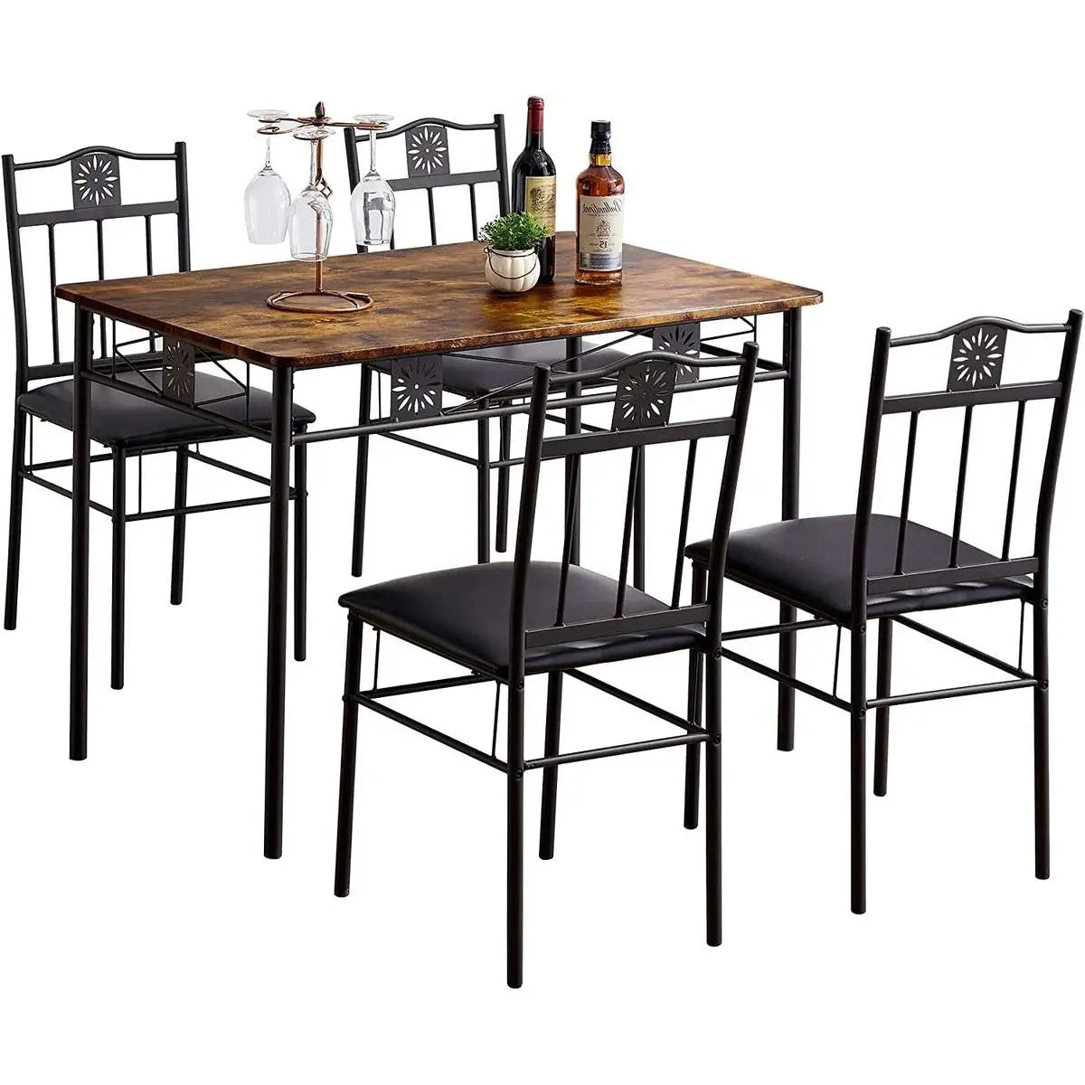 Farmhouse 5-Piece Dining Set with Wood-Top Table and 4 Cushioned Chairs by HomePacific