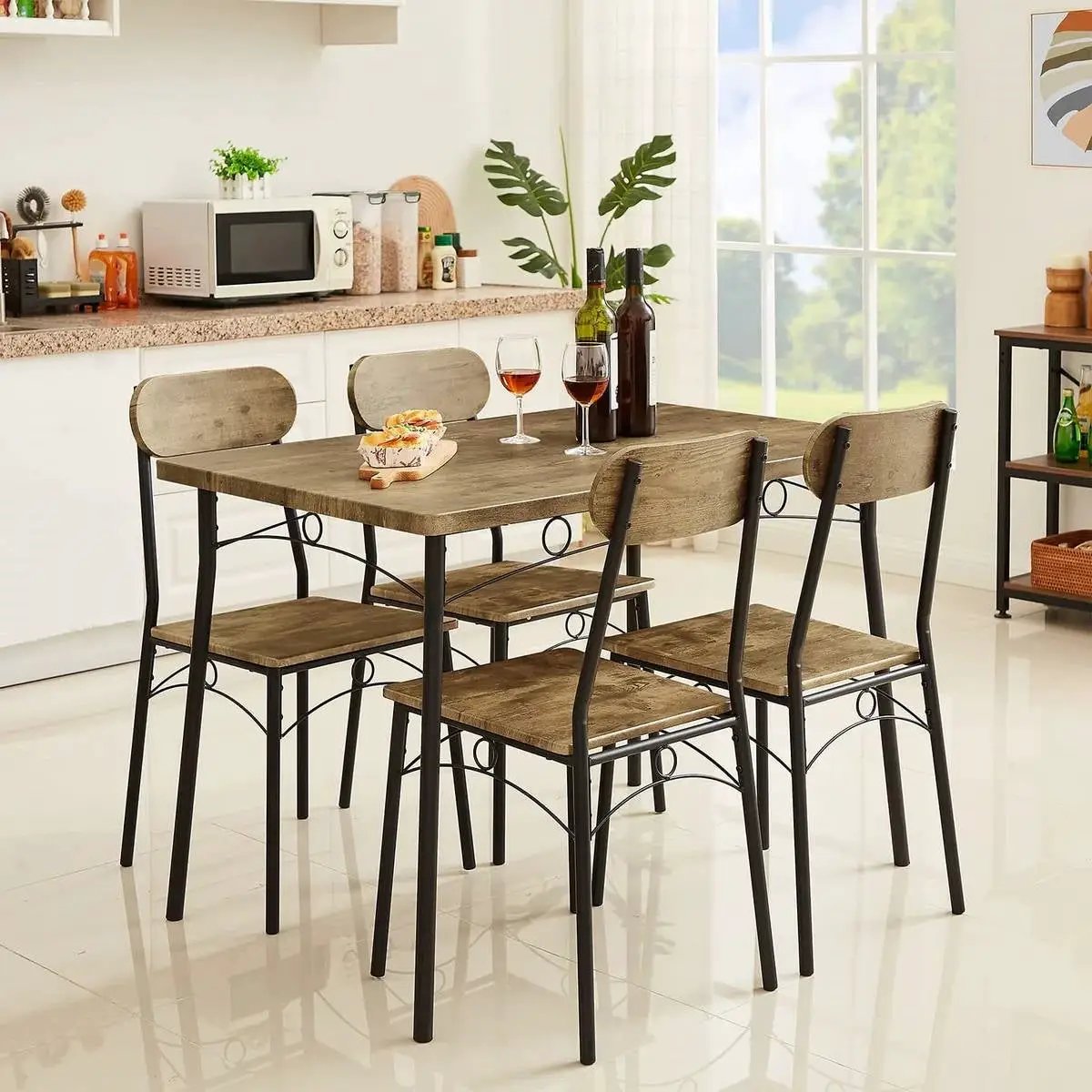 Modern Industrial 5-Piece Dining Set with Wood Top Table and 4 Chairs by HomePacific