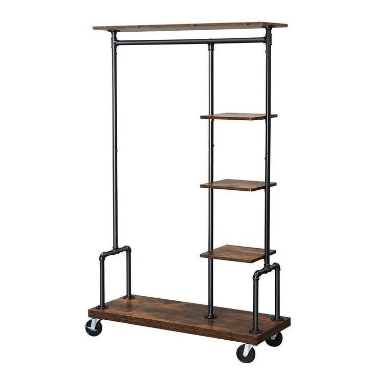 Industrial Metal Pipe Garment Rack with Wood Storage Shelves on Wheels by HomePacific