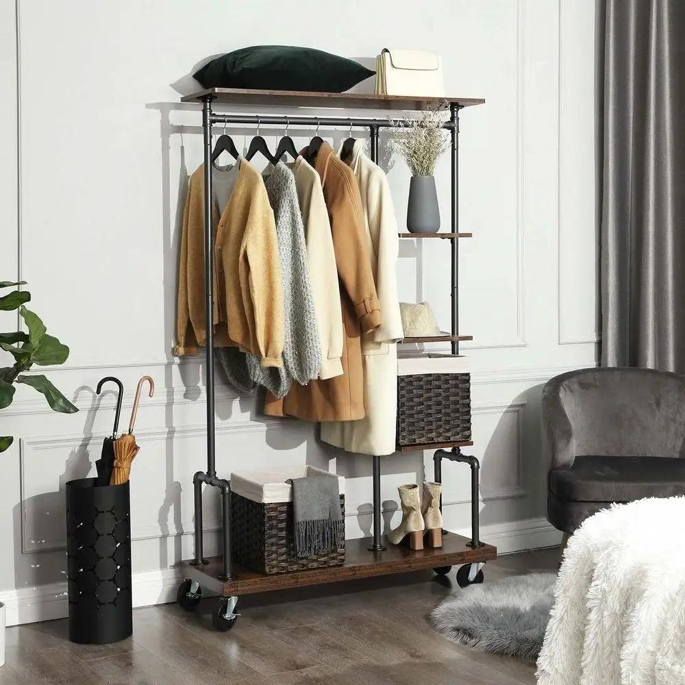 Industrial Metal Pipe Garment Rack with Wood Storage Shelves on Wheels by HomePacific