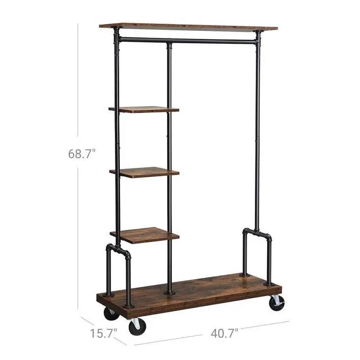 Industrial Metal Pipe Garment Rack with Wood Storage Shelves on Wheels by HomePacific