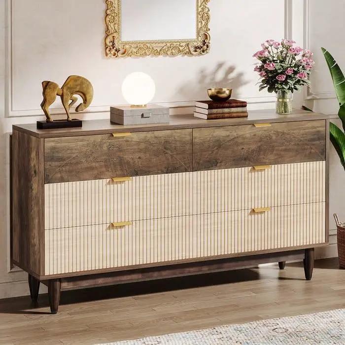 Retro Mid-Century Modern 6 Drawer Dresser Chest of Drawers in Vintage Brown by HomePacific
