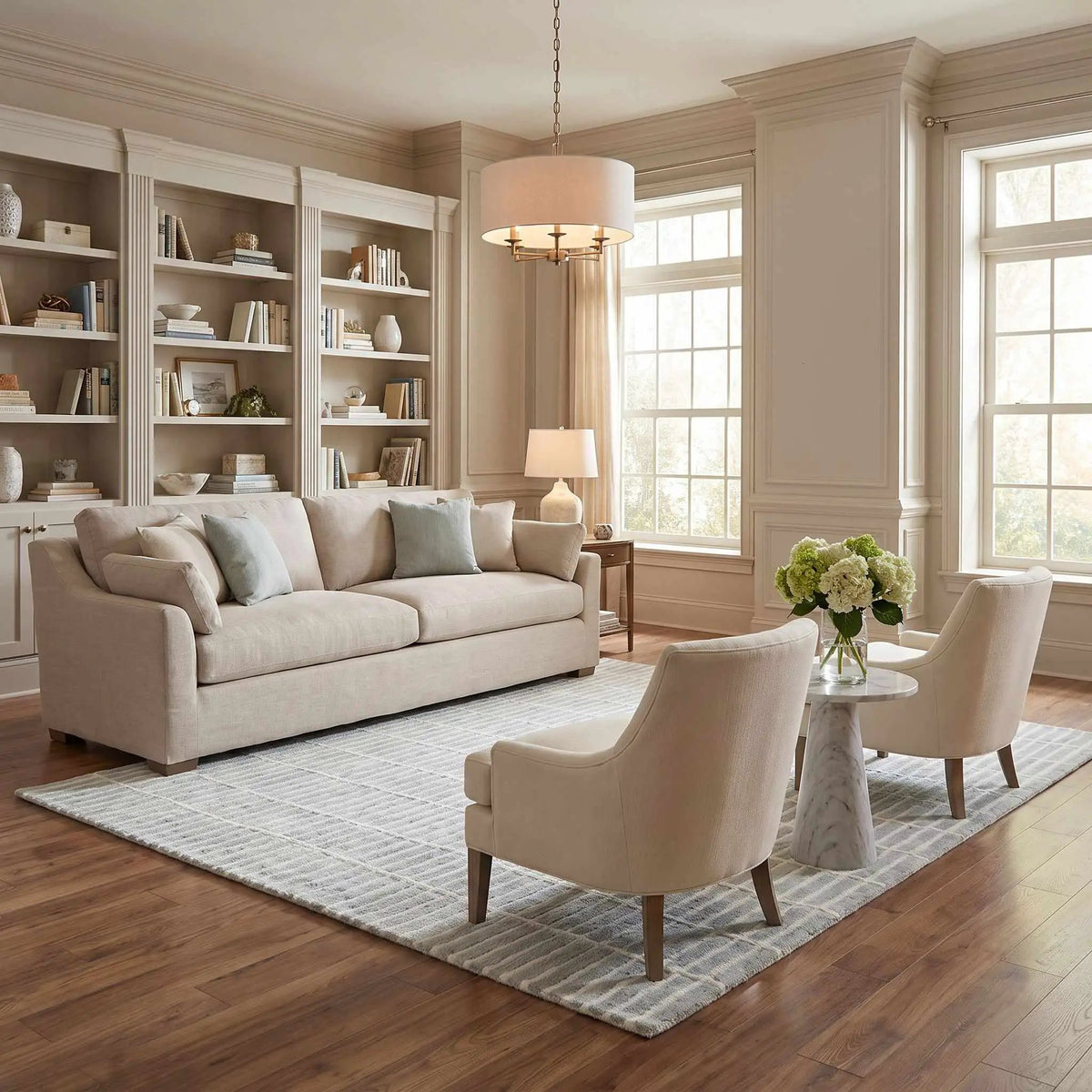 Finial Sage Wool Area Rug, installed in a room 3