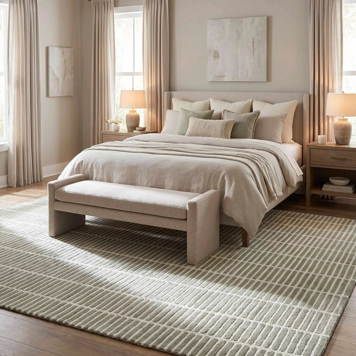 Finial Olive Wool Area Rug, installed in a room 3