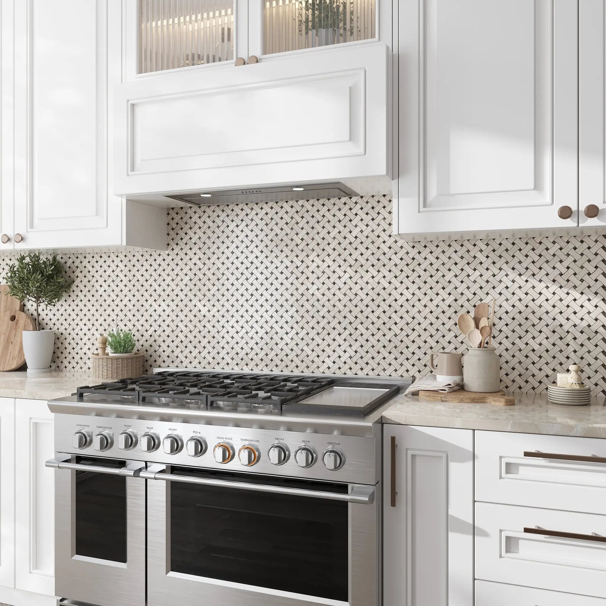 Beige 11x11 Polished Basketweave Crema Marfil Emperador Dark Marble Mosaic Tile (5 pack, 4.2 sq ft/case) by Apollo Tile