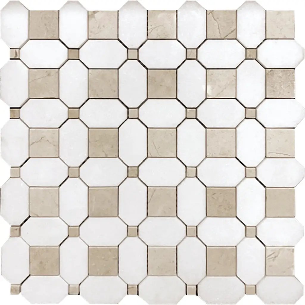 Naples White Beige 12x12 Polished Thassos Octagon & Crema Marfil Square Marble Mosaic Tile (5 pack, 5.17 sq ft/case) by Apollo Tile