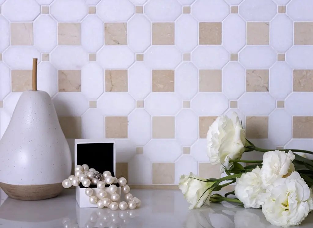 Naples White Beige 12x12 Polished Thassos Octagon & Crema Marfil Square Marble Mosaic Tile (5 pack, 5.17 sq ft/case) by Apollo Tile