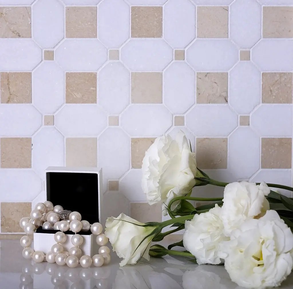 Naples White Beige 12x12 Polished Thassos Octagon & Crema Marfil Square Marble Mosaic Tile (5 pack, 5.17 sq ft/case) by Apollo Tile