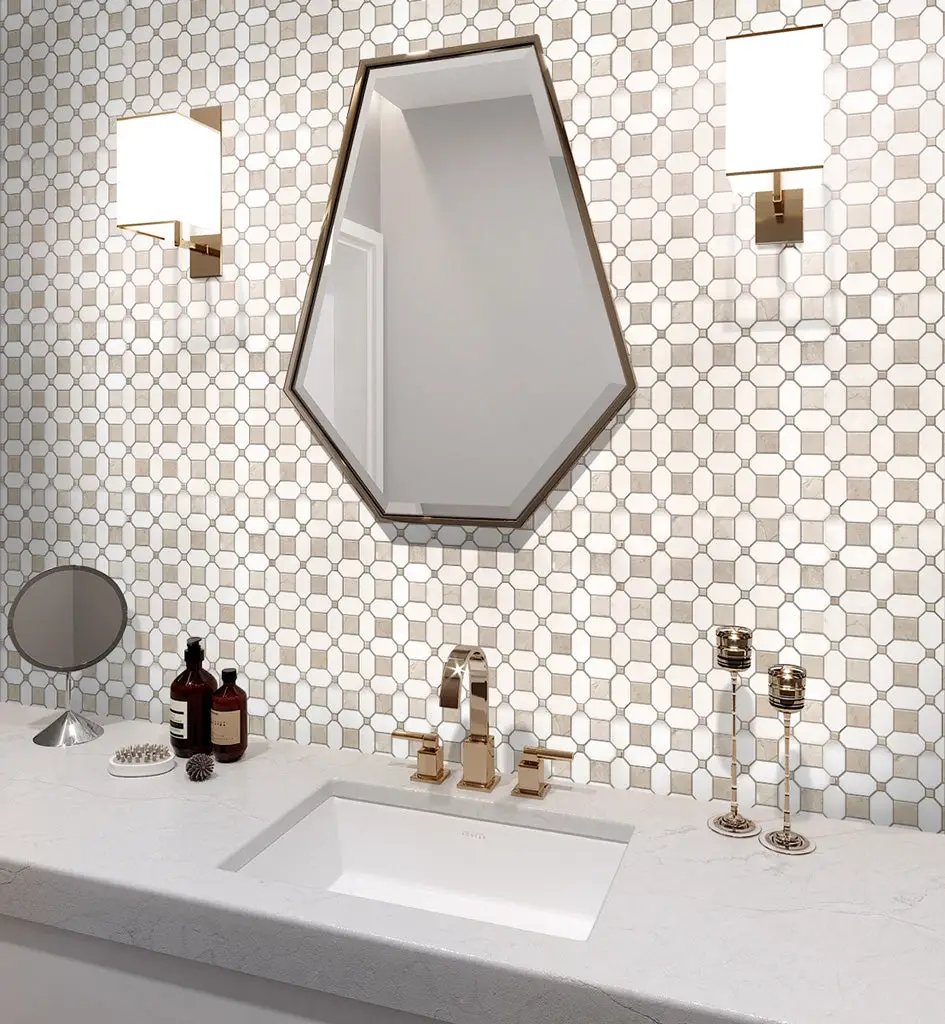 Naples White Beige 12x12 Polished Thassos Octagon & Crema Marfil Square Marble Mosaic Tile (5 pack, 5.17 sq ft/case) by Apollo Tile
