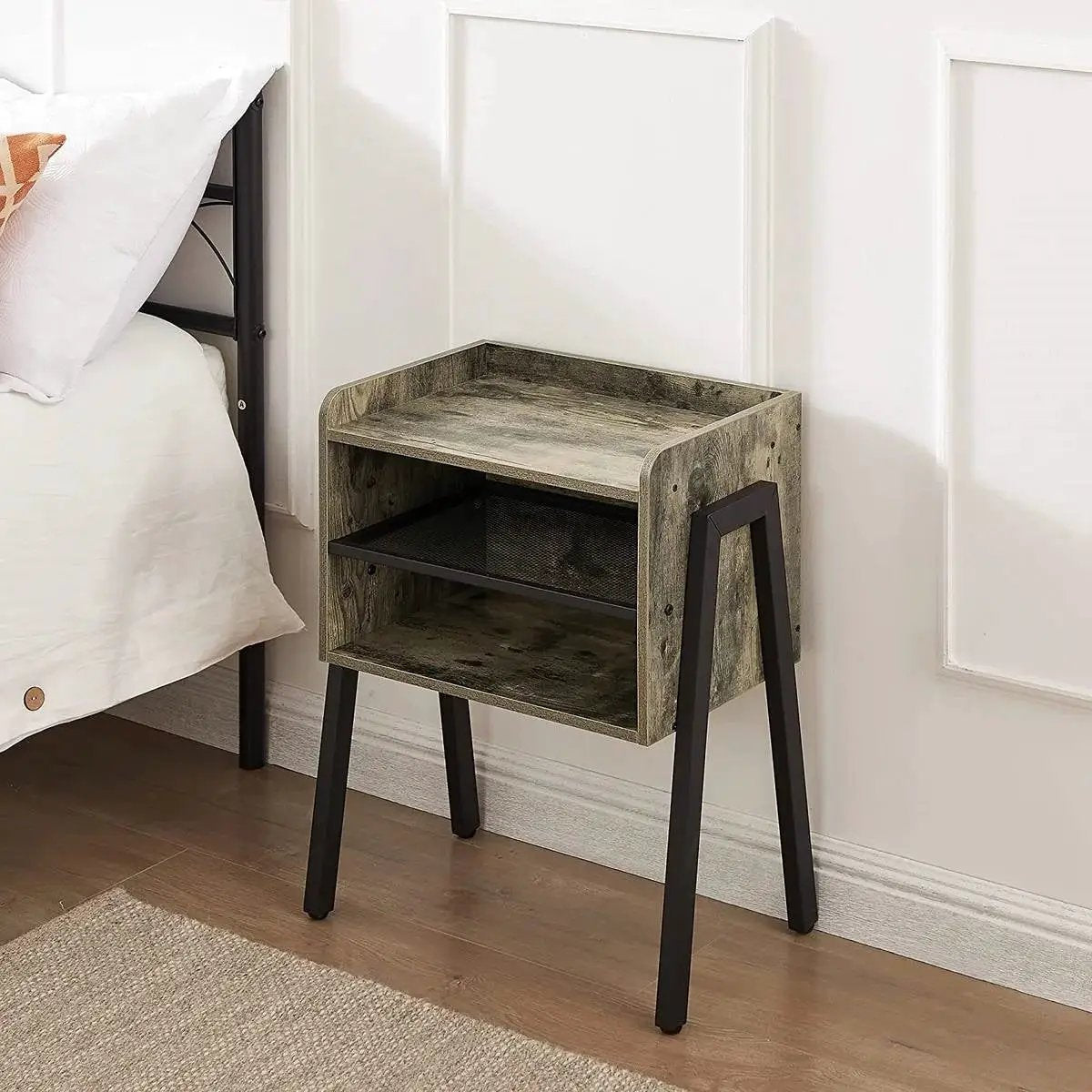 Modern Industrial Grey Wood Black Metal Side Table Nightstand End Table by HomePacific