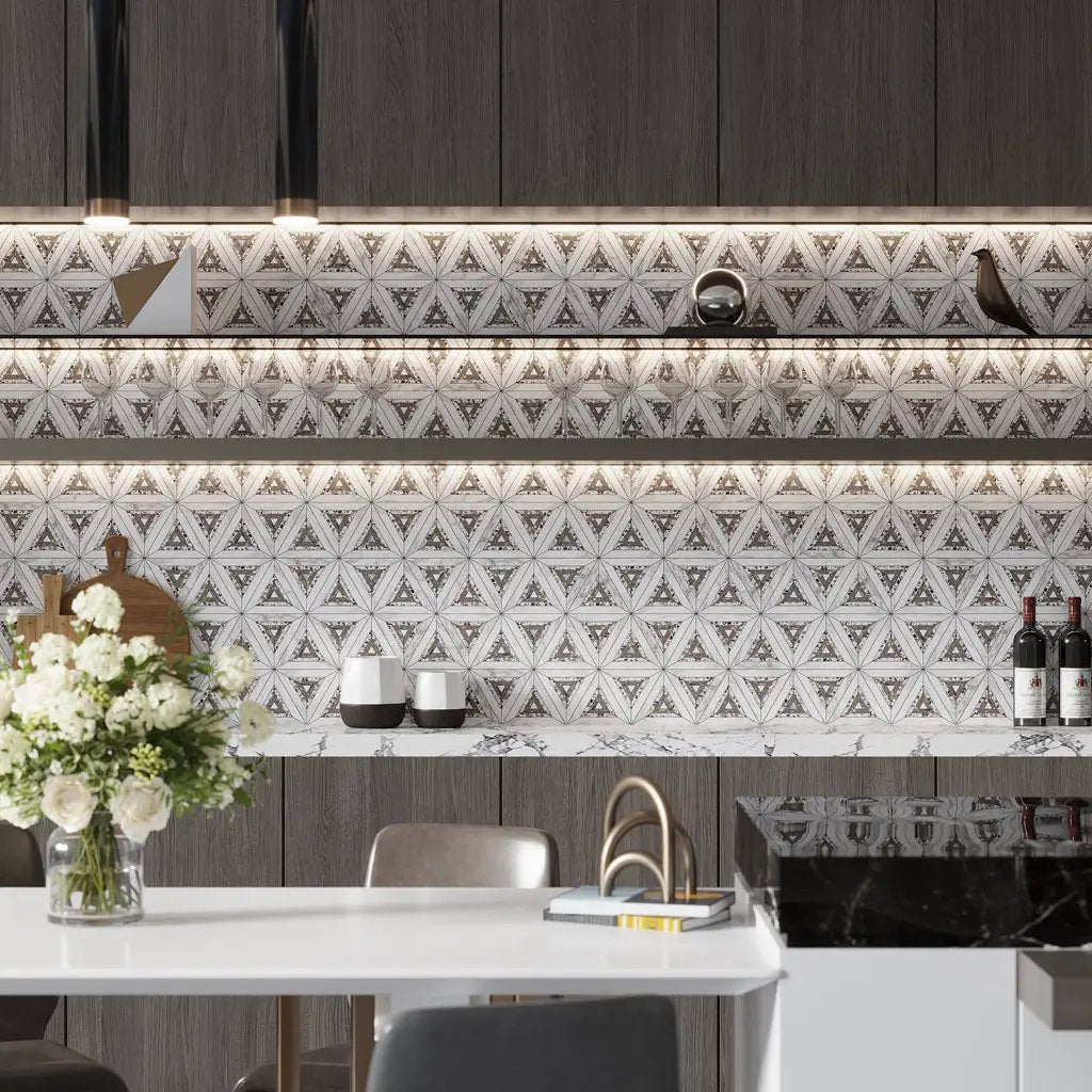 White Gray 9x10 Polished Honed Kaleidoscopic Calacatta Gold, Glacier Terrazzo Marble Mosaic Tile (5 pack, 3.14 sq ft/case) by Apollo Tile