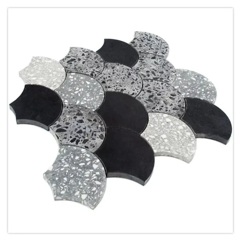 Black Gray 12x12 Honed Fan Fish Scale Terrazzo Limestone Marble Mosaic Tile (5 pack, 5 sq ft/case) by Apollo Tile