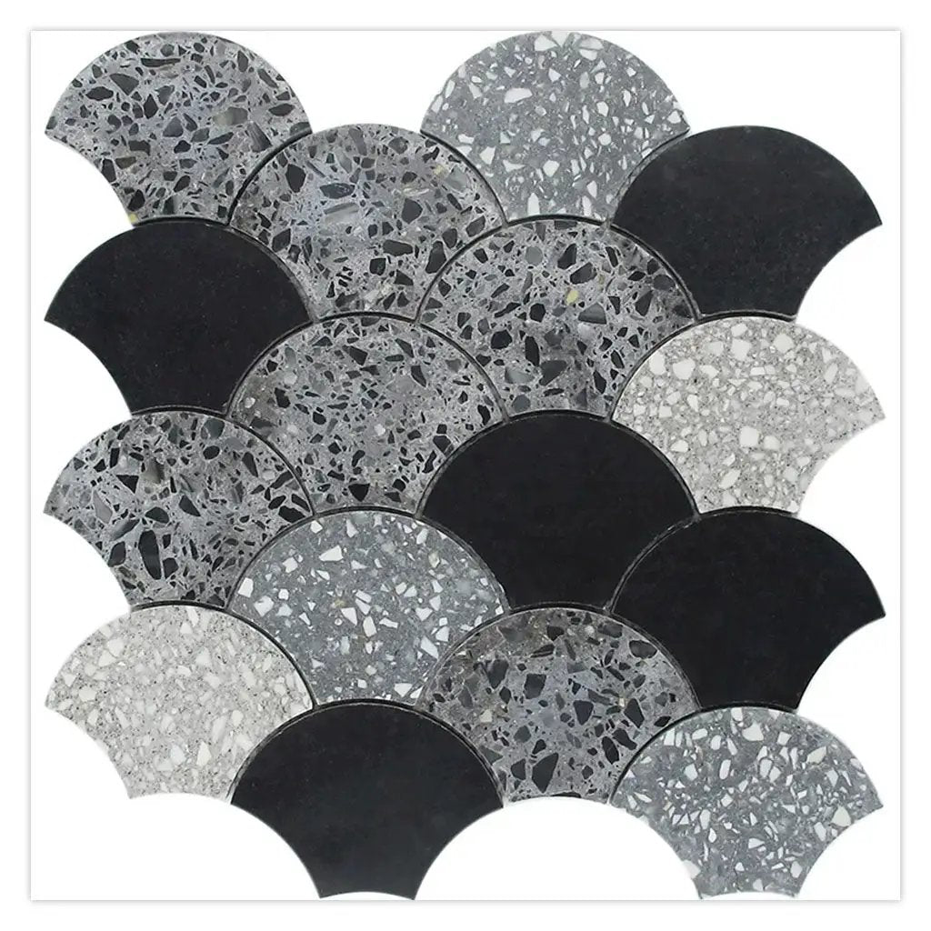 Black Gray 12x12 Honed Fan Fish Scale Terrazzo Limestone Marble Mosaic Tile (5 pack, 5 sq ft/case) by Apollo Tile