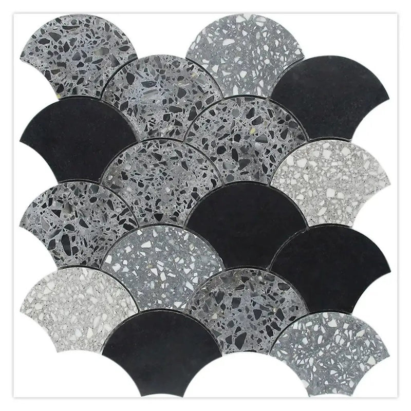 Black Gray 12x12 Honed Fan Fish Scale Terrazzo Limestone Marble Mosaic Tile (5 pack, 5 sq ft/case) by Apollo Tile