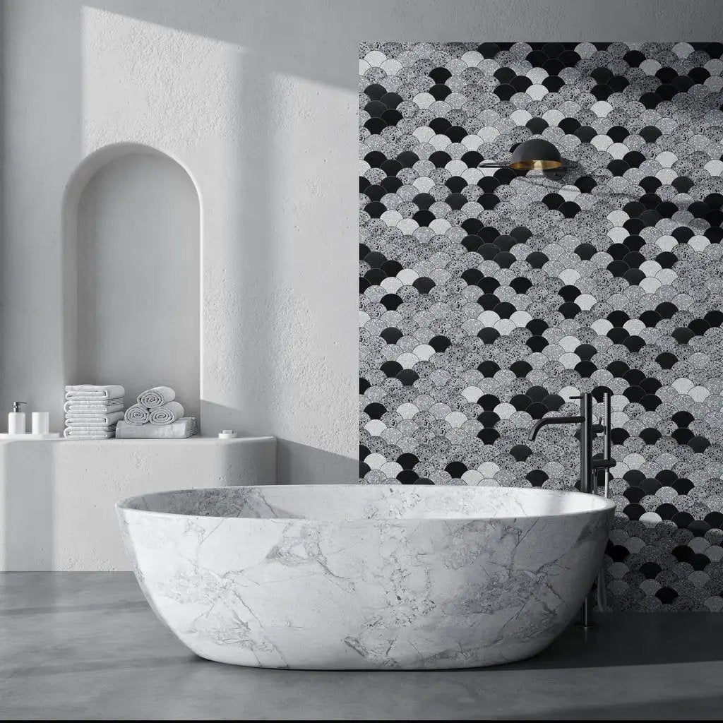 Black Gray 12x12 Honed Fan Fish Scale Terrazzo Limestone Marble Mosaic Tile (5 pack, 5 sq ft/case) by Apollo Tile