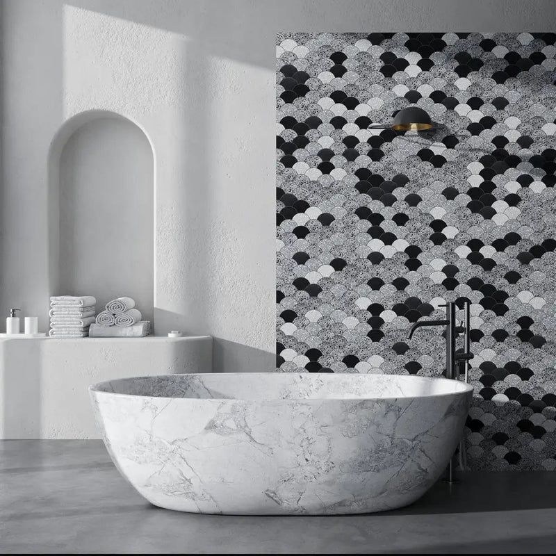 Black Gray 12x12 Honed Fan Fish Scale Terrazzo Limestone Marble Mosaic Tile (5 pack, 5 sq ft/case) by Apollo Tile