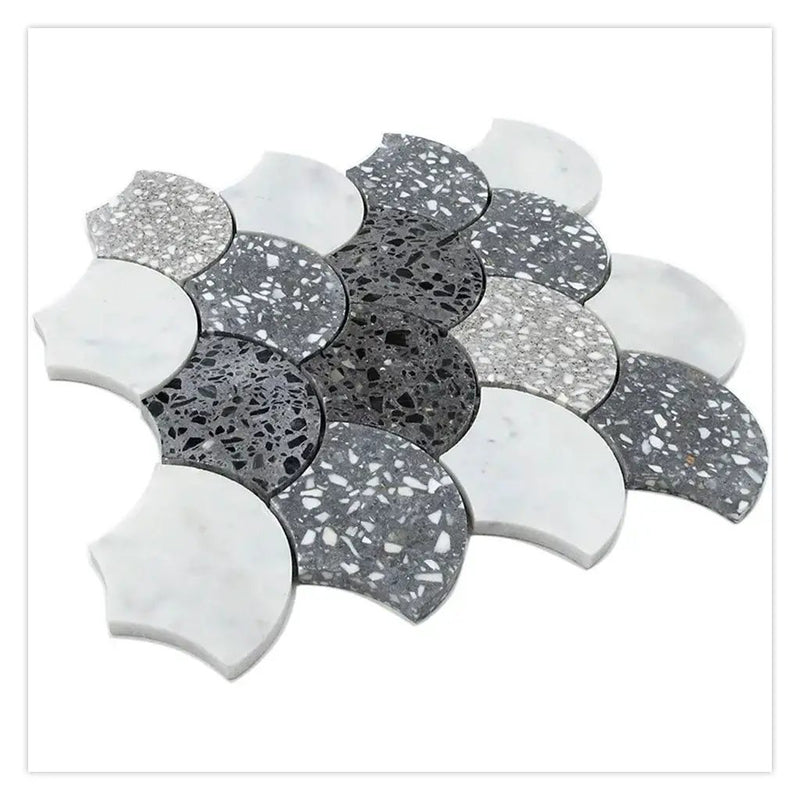White Gray 12x12 Honed Fan Fish Scale Terrazzo Carrara Marble Mosaic Tile (5 pack, 5 sq ft/case) by Apollo Tile