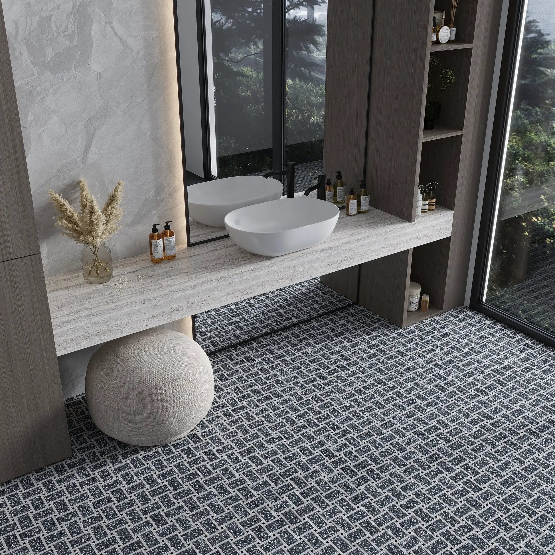 Charcoal Gray White 12x12 Honed Basketweave Terrazzo Dolomite Limestone Marble Mosaic Tile (5 pack, 5.08 sq ft/case) by Apollo Tile