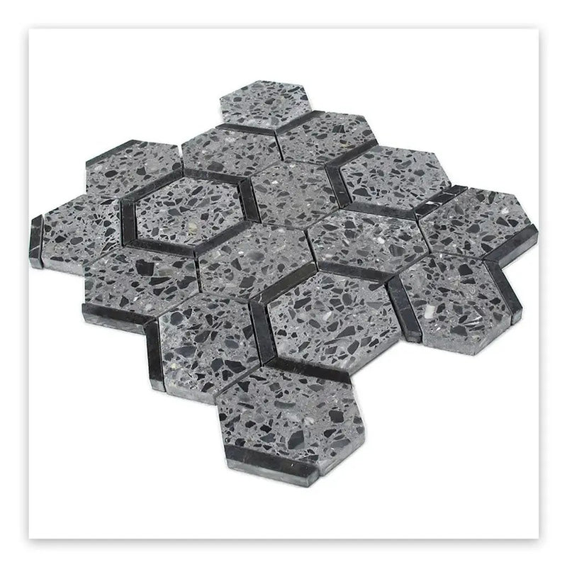 Charcoal Gray Black 11x12 Honed Hexagon Terrazzo Limestone Marble Mosaic Tile (5 pack, 4.38 sq ft/case) by Apollo Tile