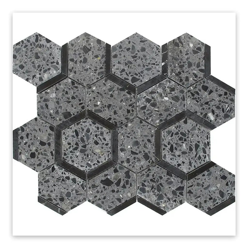 Charcoal Gray Black 11x12 Honed Hexagon Terrazzo Limestone Marble Mosaic Tile (5 pack, 4.38 sq ft/case) by Apollo Tile