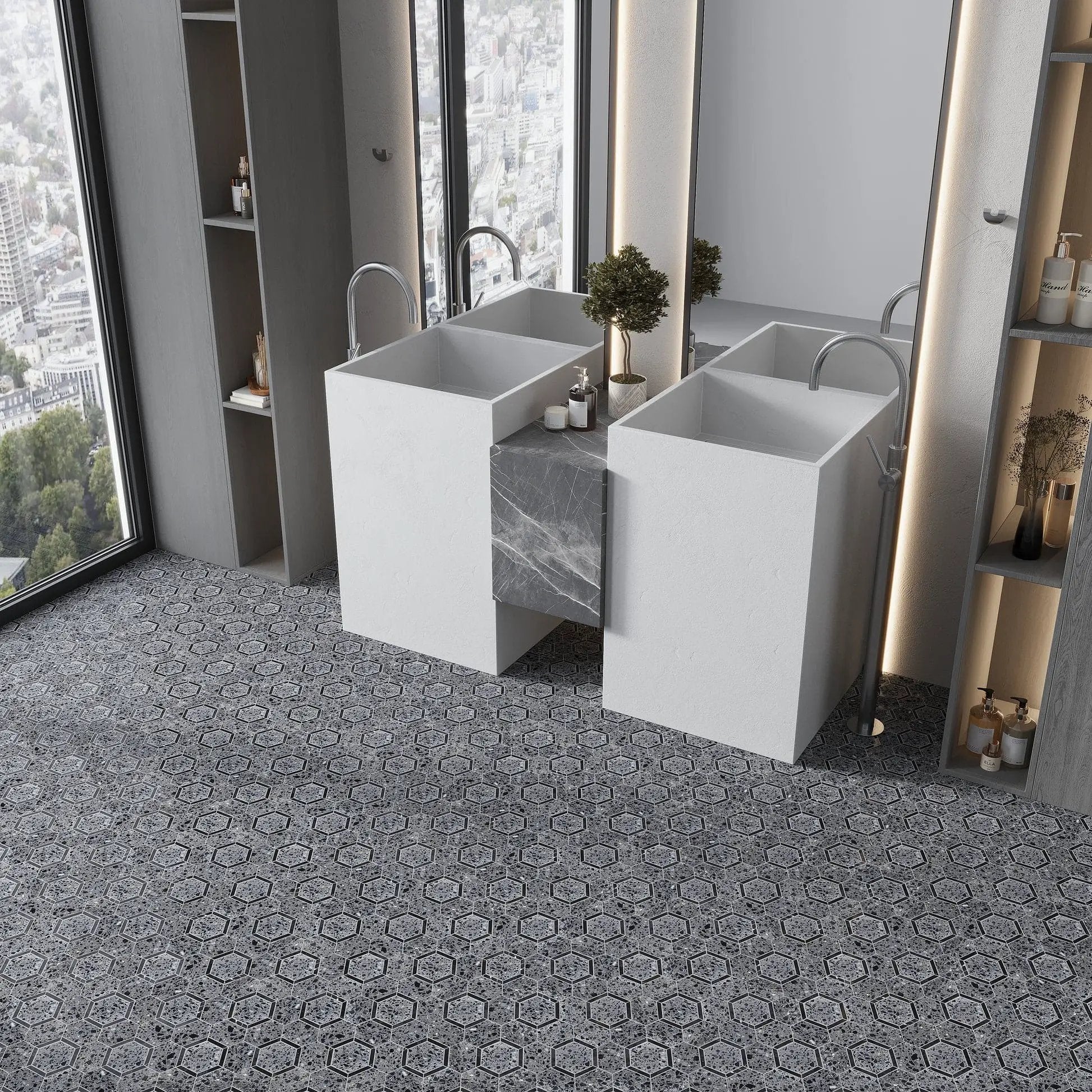 Charcoal Gray Black 11x12 Honed Hexagon Terrazzo Limestone Marble Mosaic Tile (5 pack, 4.38 sq ft/case) by Apollo Tile