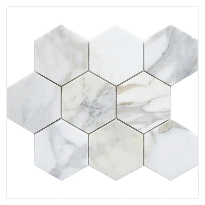 White Gray 10x11 Honed Hexagon Calacatta Gold Marble Mosaic Tile (5 pack, 3.75 sq ft/case) by Apollo Tile