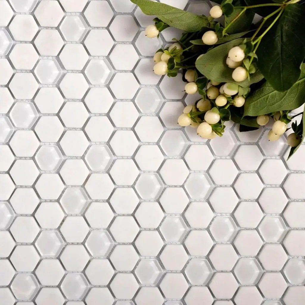 Cotton White 12x12 Matte Glossy Hexagon Recycled Glass Mosaic Tile (5 pack, 4.92 sq ft/case) by Apollo Tile