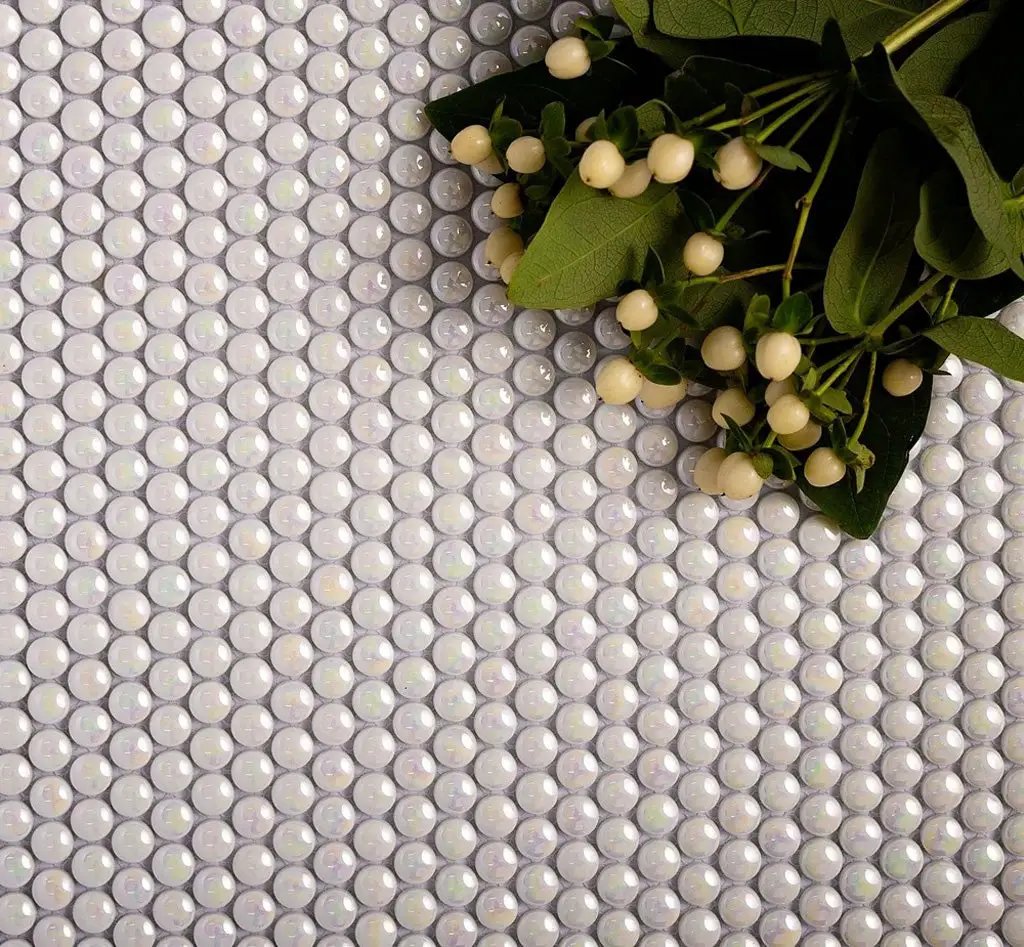 Parchment White 12x12 Glossy Iridescent Penny Round Recycled Glass Mosaic Tile (10 pack, 11.11 sq ft/case) by Apollo Tile