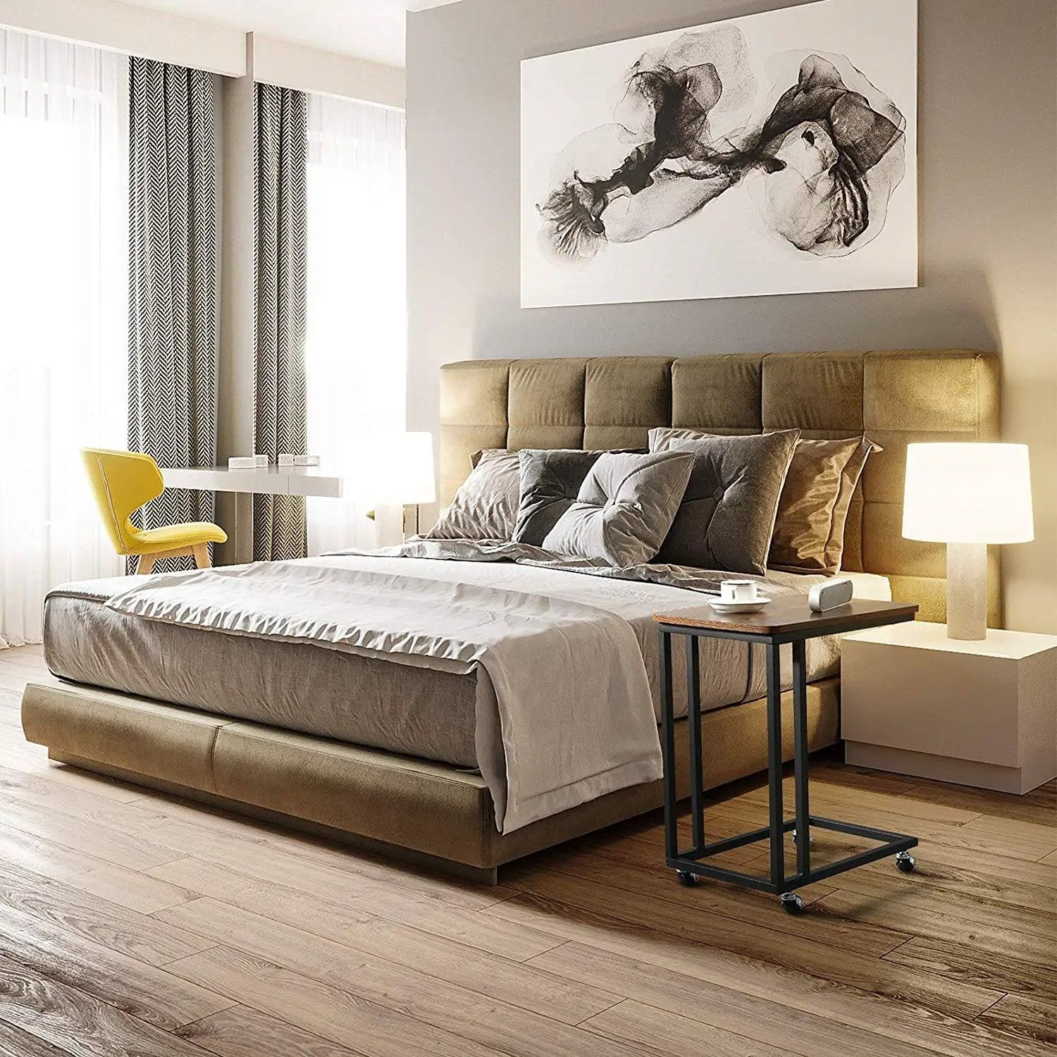 Modern Industrial Side Table Nightstand TV Tray on Wheels by HomePacific